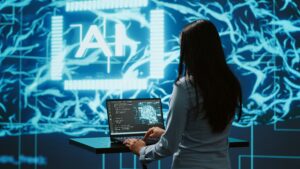 ai specialist reviews data charts, working in tech industry